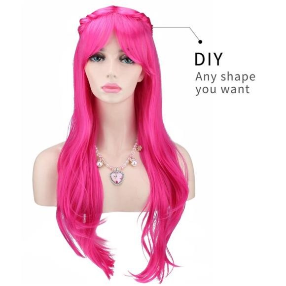 Wigs Long Wavy Hair Cosplay for Women Halloween Costume Pink Color